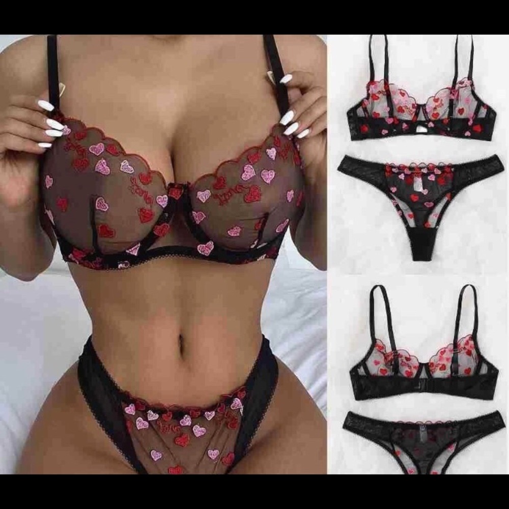 Lace mesh black lingerie with hearts